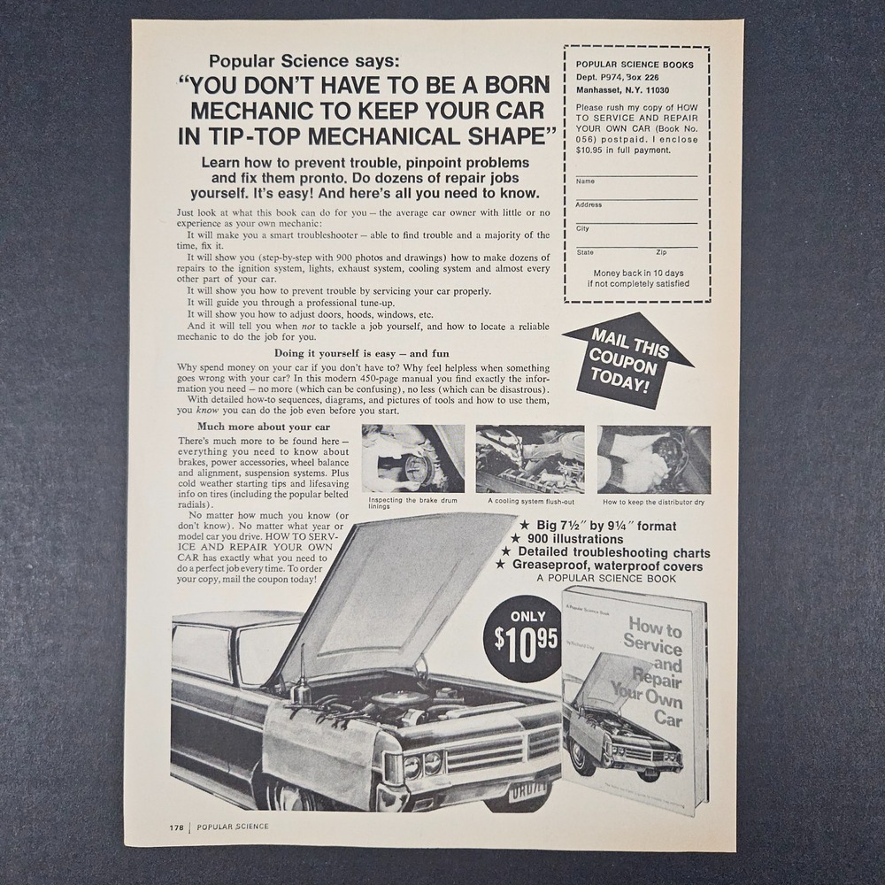 1974 Popular Science Book Service Your Own Car Vintage Print Ad Manhasset NY